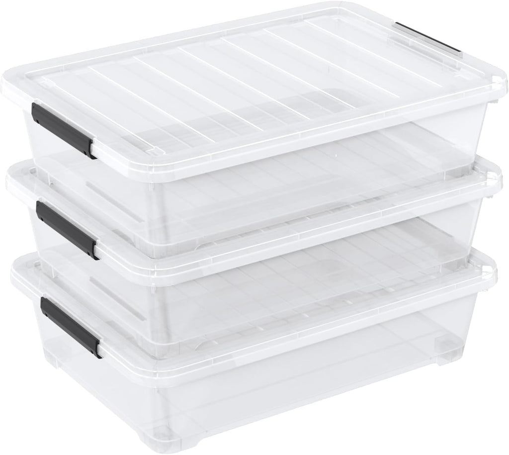 40 Quarts Clear Stackable Underbed Box, Shallow Underbed Bins with Wheels Set of 3