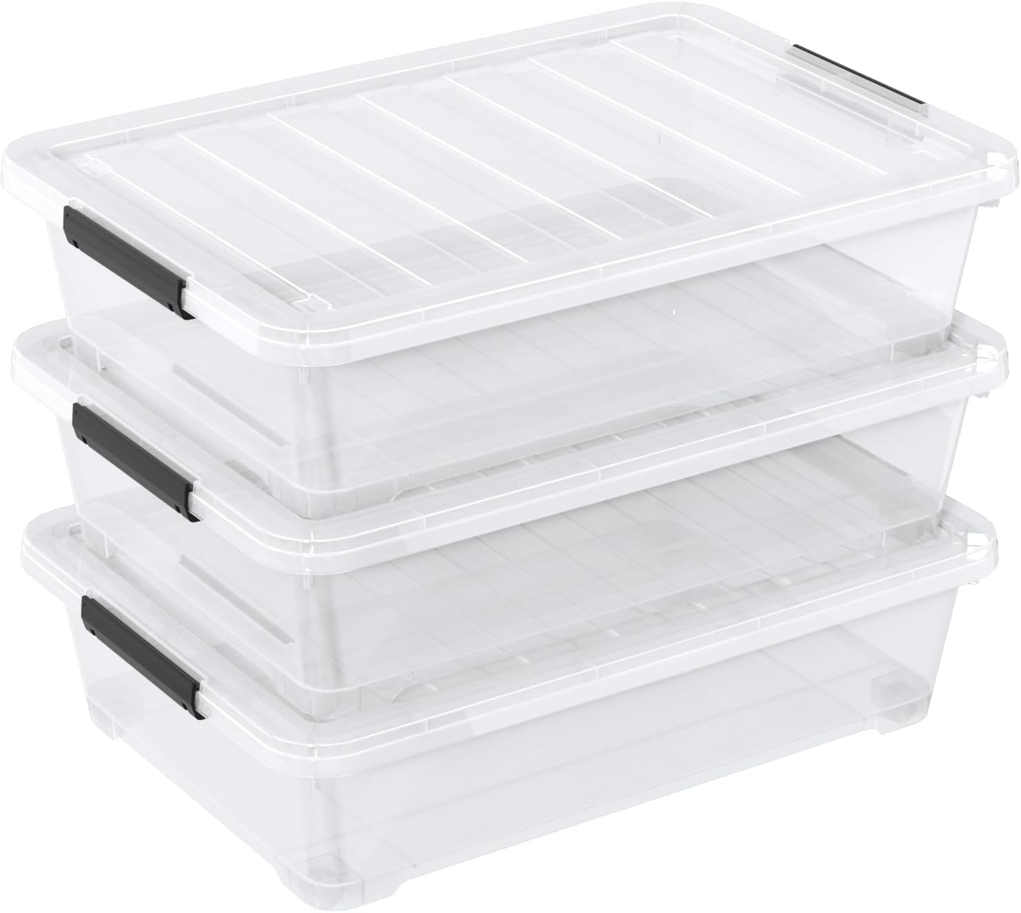 40 Quarts Clear Stackable Underbed Box, Shallow Underbed Bins with Wheels Set of 3