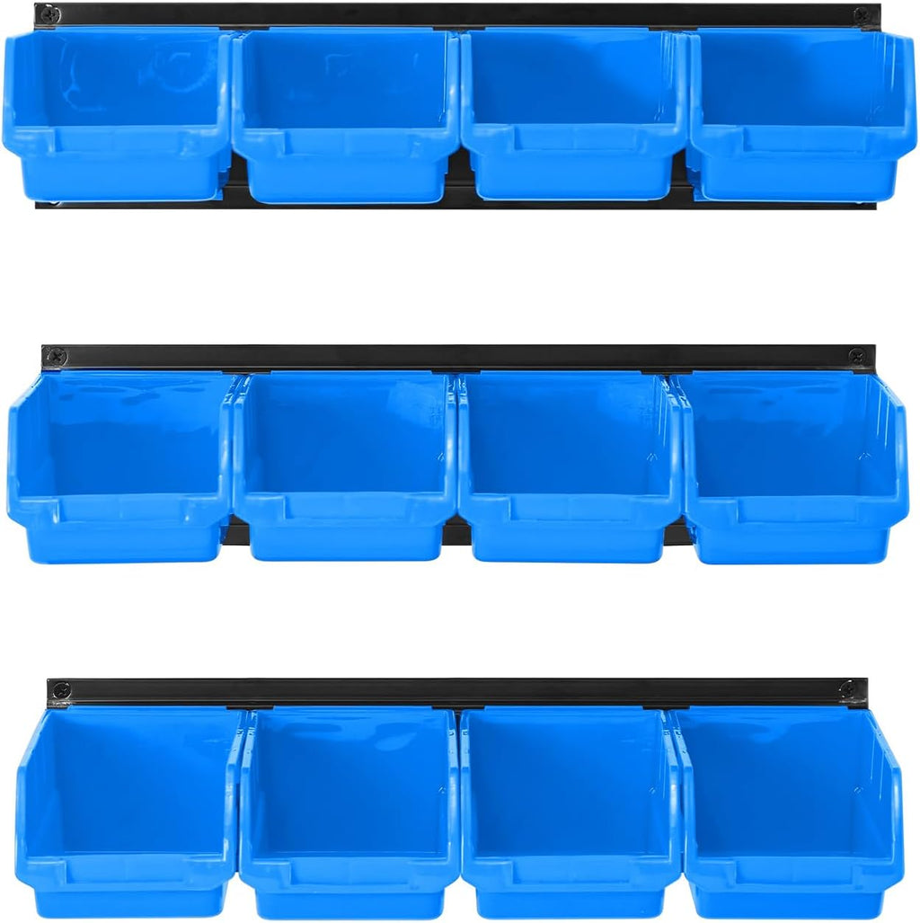 Ultrawall Wall Mounted Storage Bins, Plastic Hanging Storage Organizer Bins, Garage Tool Storage System for Screws, Nuts, Bolts, Nails, and Small Hardware Parts, 12x bins & 3 x rails, Blue