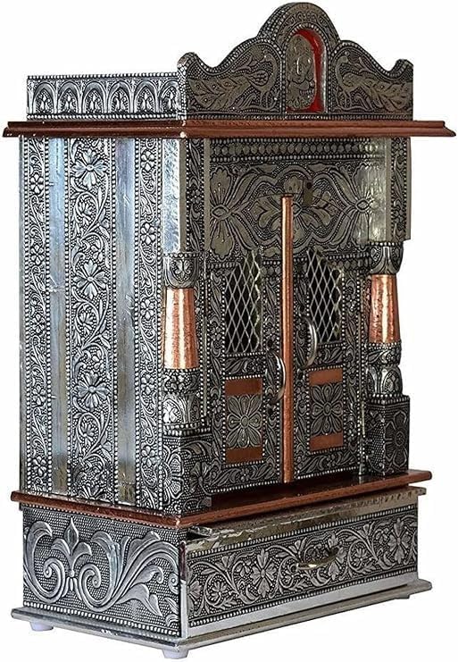Oxidized Metal Pooja Mandir with Doors and Drawer, Silver, Ganesha Embossed, ...
