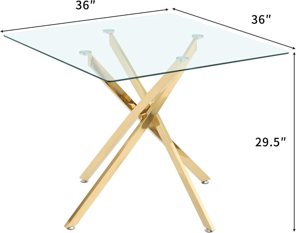 Square Dining Table for 4, 36 Inch Glass Kitchen Table with Gold X Metal Legs...