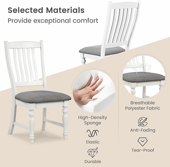 Giantex Wood Dining Chairs Set of 2, Farmhouse Kitchen Chairs with Solid Wood Frame, Max Load 355 Lbs, Armless Upholstered Dining Side Chairs with Cushion Seat, Slat Back Dining Room Chair, White