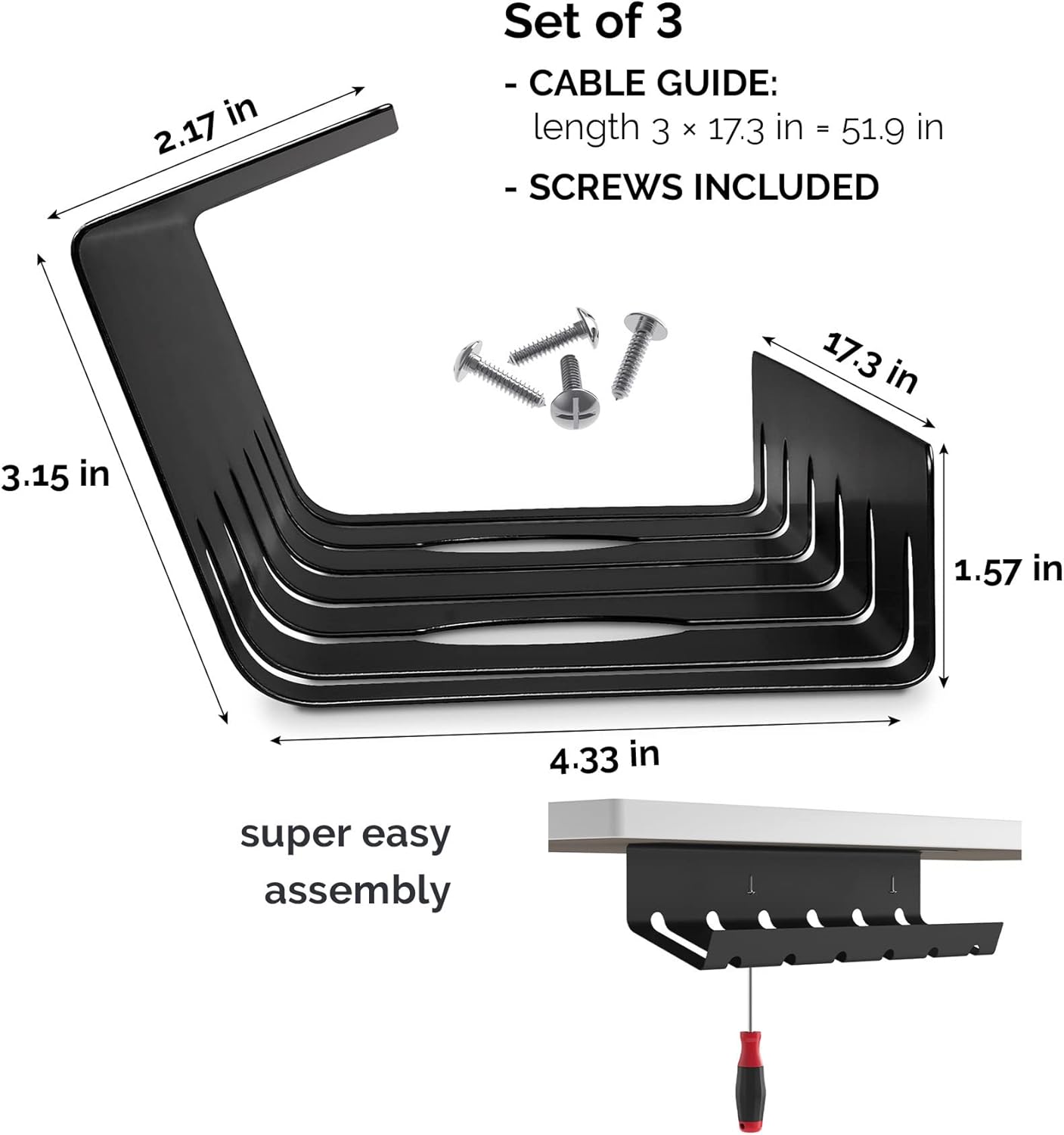 PAMO Cable Management Under Desk for Easy mounting Under-Table I Set of 3 - with 10X Cable Ties I Desk Organizer for Office/Home Office Table Thoughtful Cable Tray Holder