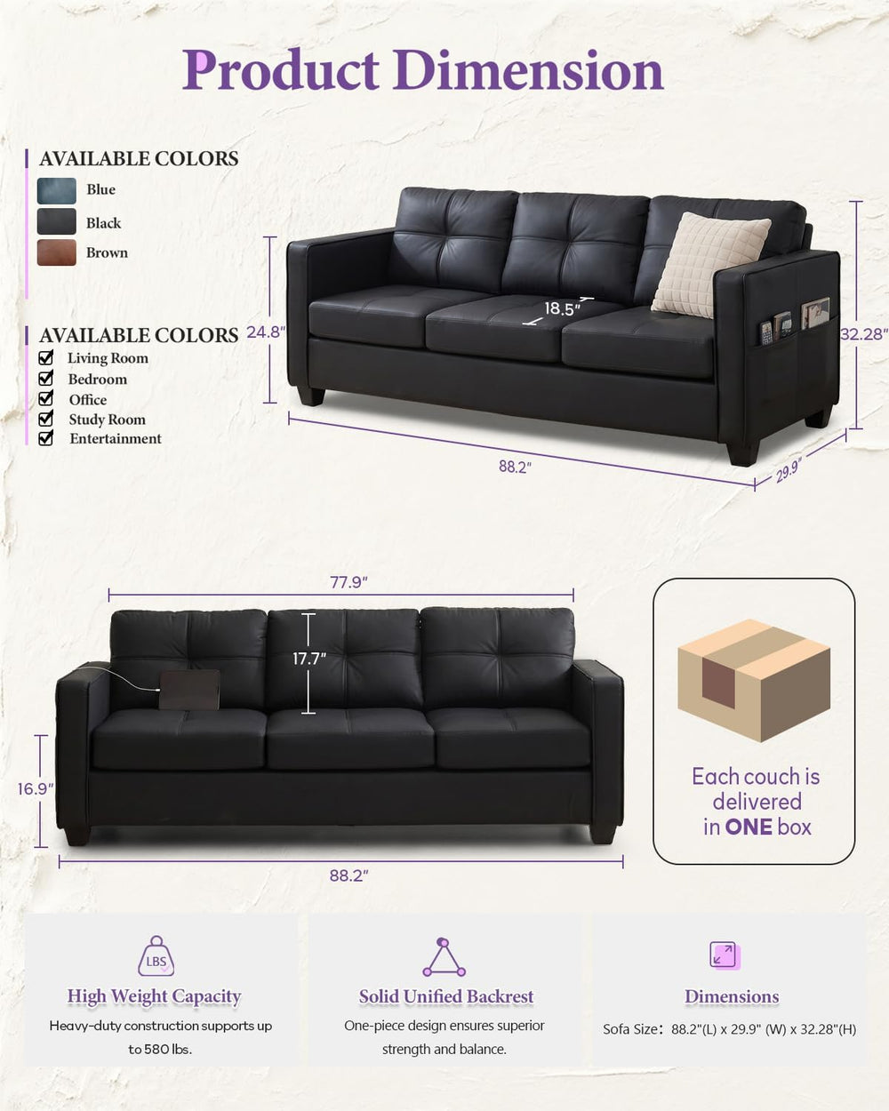 TYBOATLE 88'' Black Faux Leather Couch with USB, 3-Seater | Faux Leat...