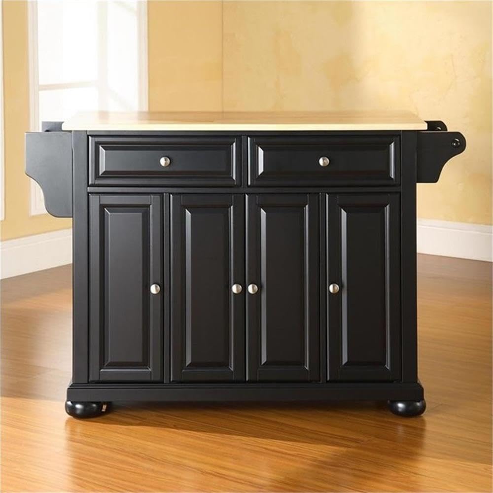 Pemberly Row Traditional Wood Kitchen Island, 51.5 in W x 18 in D x 34 in H, Solid Hardwood and Veneer Construction, Black/Natural Finish, Adjustable Shelves, Storage Drawers, Spice Rack, Towel Bar