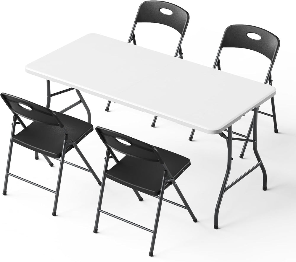 Folding Table and Chairs Set for 5, 5FT Foldable Plastic Table with Carry Han...