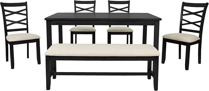 Poundex 6 Piece Charcoal Modern Dining Set with Table, 4 Chairs & Bench