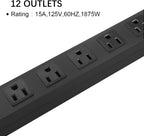 Metal Wall Mount Power Strip, Mountable Power Outlet with 12 AC Outlets, Aluminum Alloy Mount Power Socket with Switch, 3 FT SJT 3/C 14AWG Power Cord, 15A 125V 1875W (12AC)