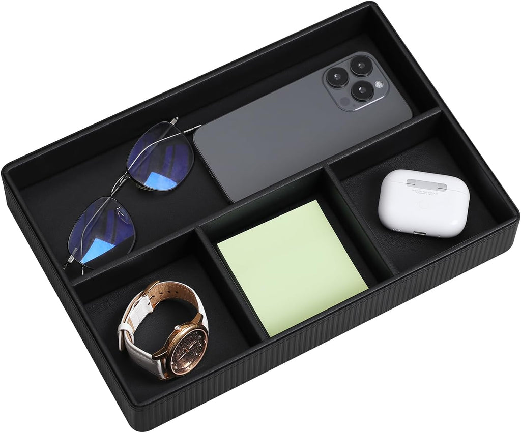 PU Leather Valet Tray, Decorative Trinket Vanity Desk Drawer Organizer Tray, Perfume Dish Catch All Bowl for Keys, Nightstand Drawer Organizer Women Men with 4 Compartments (Black)