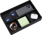 PU Leather Valet Tray, Decorative Trinket Vanity Desk Drawer Organizer Tray, Perfume Dish Catch All Bowl for Keys, Nightstand Drawer Organizer Women Men with 4 Compartments (Black)