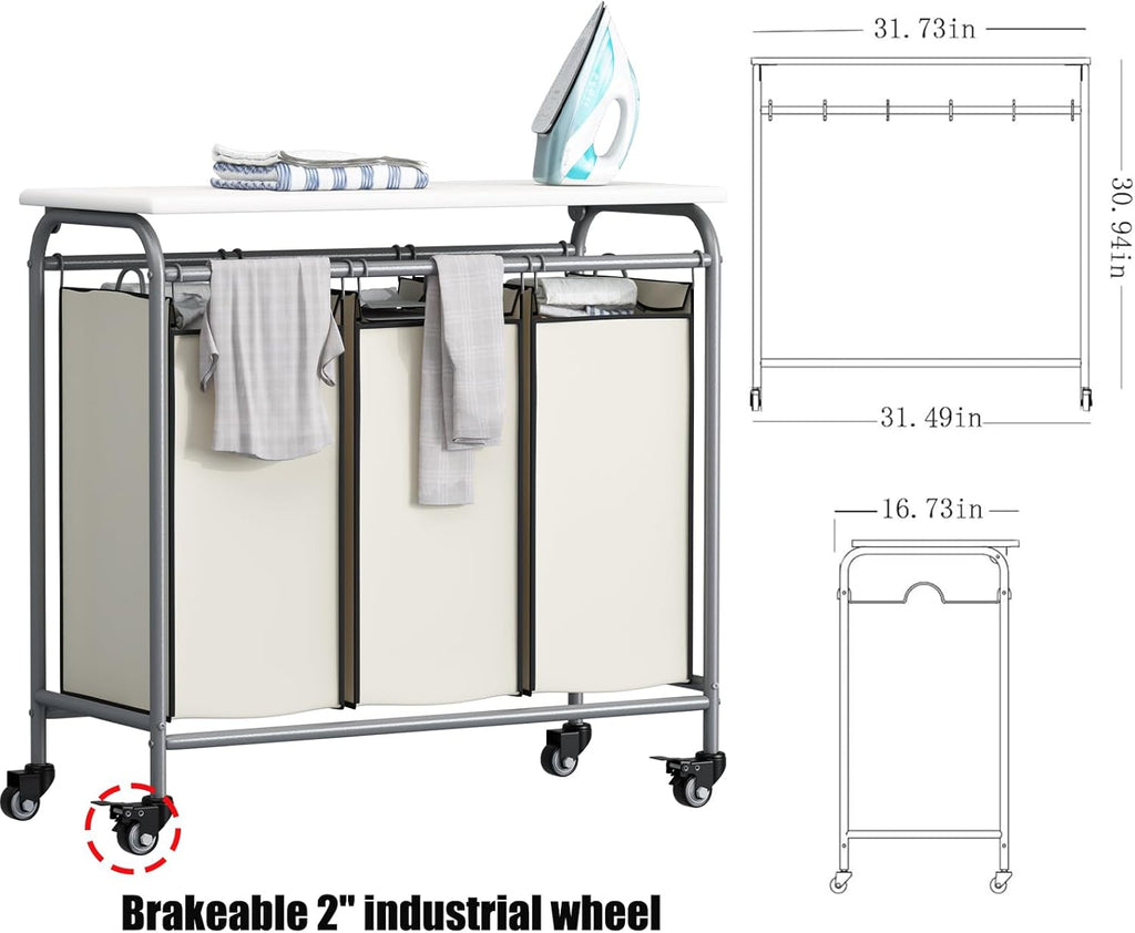 LINZINAR 3 Bag Laundry Basket Sorter Heavy Duty Rolling Lockable Wheels Laundry Hamper Cart with Ironing Board and Removable Bags, Beige
