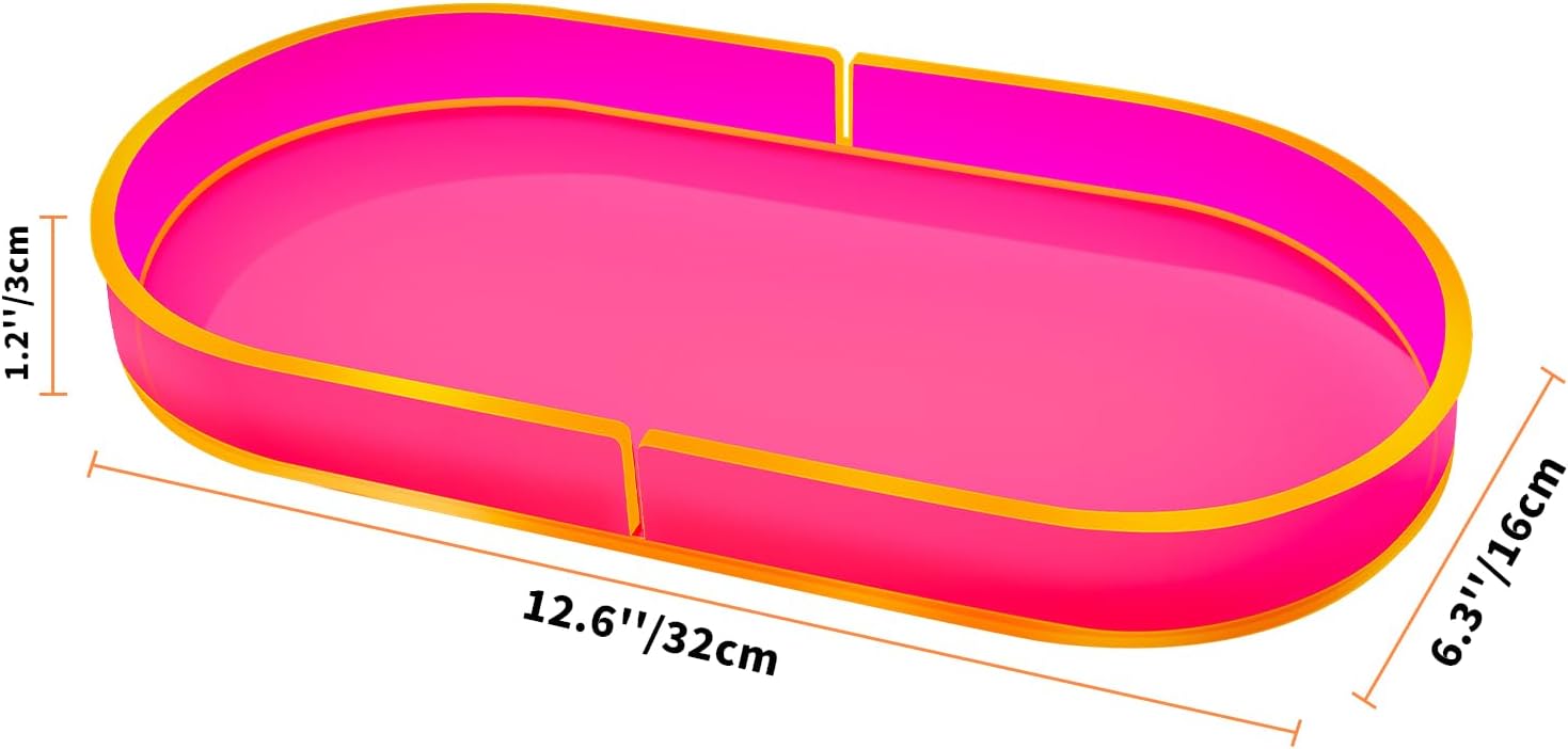 Acrylic Decorative Vanity Tray Perfume Jewelry Trinket Tray for Bathroom Counter Soap Toilet Tank Sink Small Candle Catch All Organizer, 12.6x6.3 Inches, Neon Pink