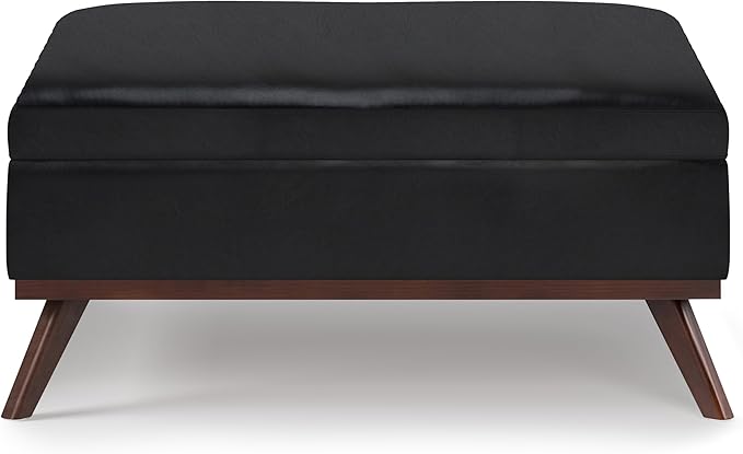 SIMPLIHOME Owen 36 inch Wide Mid Century Modern Square Coffee Table Storage Ottoman in Midnight Black Vegan Faux Leather, Assembled, For the Living Room, Entryway and Family Room