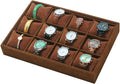 Jewelry Watch Tray, Coffee Velvet Watch Jewelry Organizer 12 Grid, Stackable Watch Bracelet Bangle Display Holder, Adjustable Pillows, for Man Woman Show Birthday
