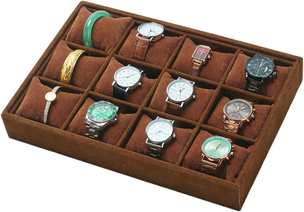 Jewelry Watch Tray, Coffee Velvet Watch Jewelry Organizer 12 Grid, Stackable Watch Bracelet Bangle Display Holder, Adjustable Pillows, for Man Woman Show Birthday