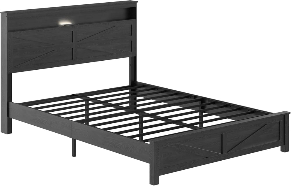 Queen Size Farmhouse Wooden Bed Frame with Storage Headboard