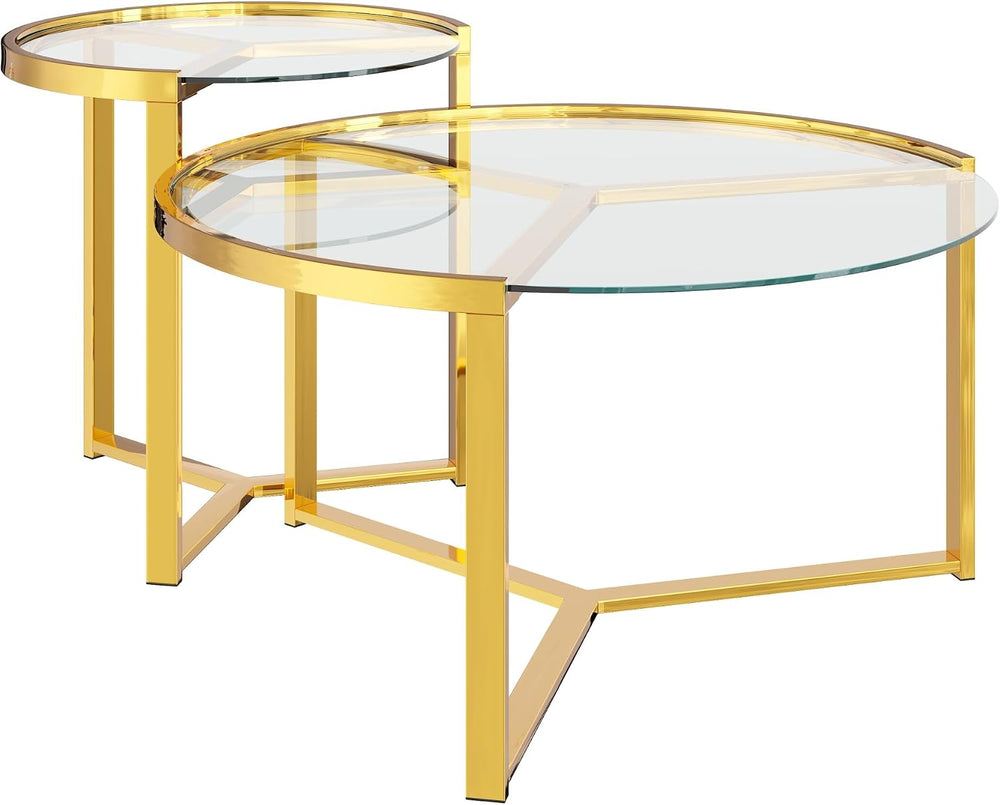 Glass Nesting Coffee Table Set with Metal Frame & Glam Design, Transparen...