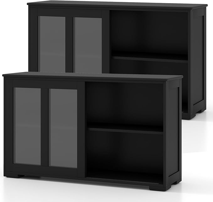 Costzon Sideboard Buffet Cabinet of 2, Wooden Kitchen Storage Cabinet with Adjustable Shelf, Sliding Glass Doors, Accent Coffee Bar Cabinet Console Table for Living Room, Dining Room, Hallway