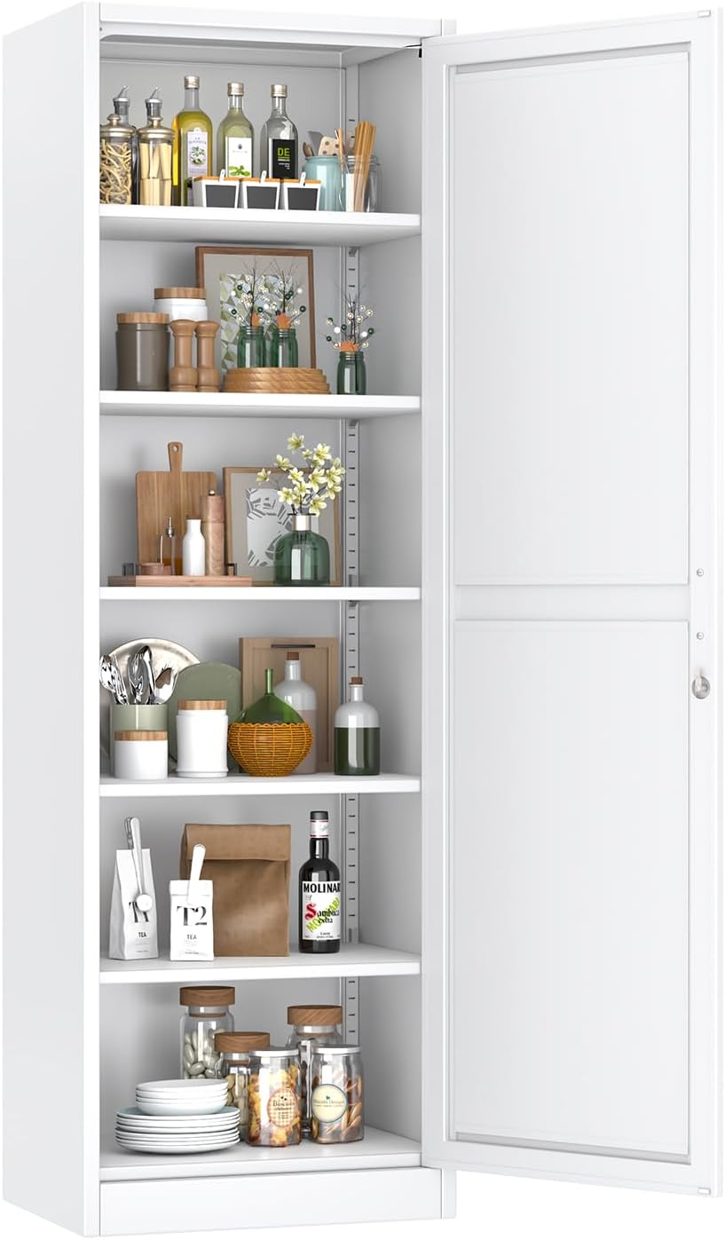 Metal Narrow Pantry Cabinet with Doors and Shleves, 67" H Tall Locker Ca...