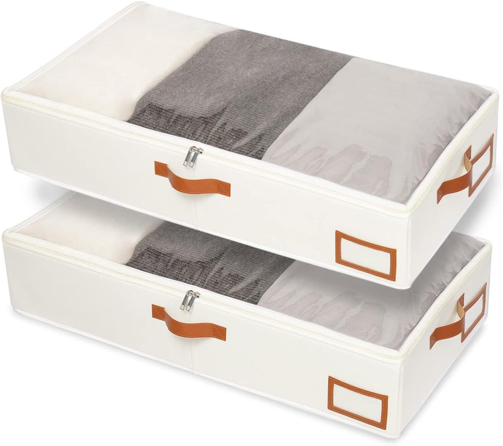 Yawinhe Under Bed Storage, 2 Pack Closet Organizers, Collapsible Container Bags, with Sorting Card Slot and 4 Leather Handles, for Blanket, Bedding, 23.6''Lx11.8''Wx6''H, Beige