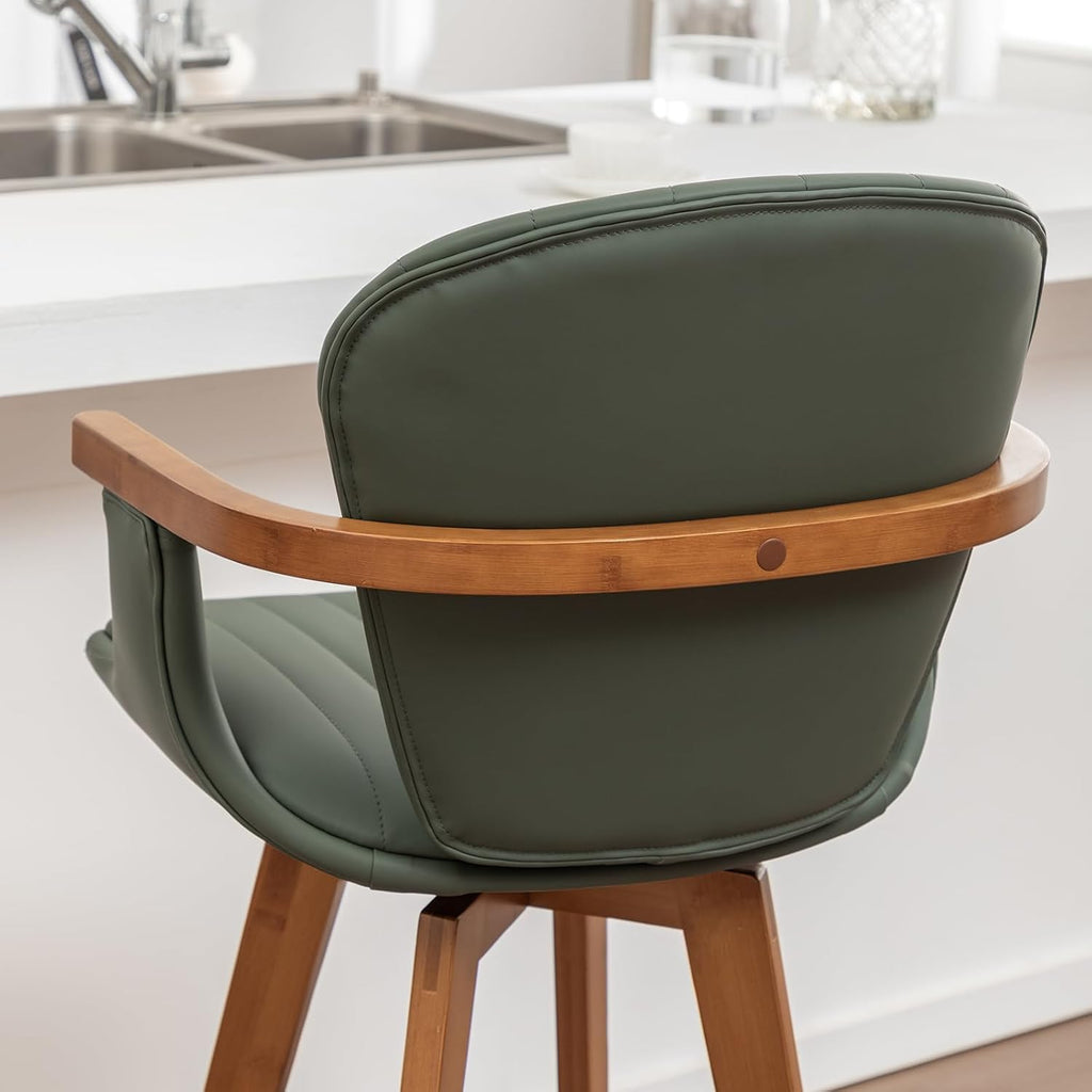 LUNLING 26” Counter Height Stools Set of 2,Mid Century Modern Bar Stools,Green PU Leather Kitchen Island Stool,Wood High Barstools Swivel with Back and Arms for Home Bar Furniture
