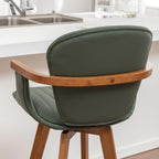 LUNLING 26” Counter Height Stools Set of 2,Mid Century Modern Bar Stools,Green PU Leather Kitchen Island Stool,Wood High Barstools Swivel with Back and Arms for Home Bar Furniture