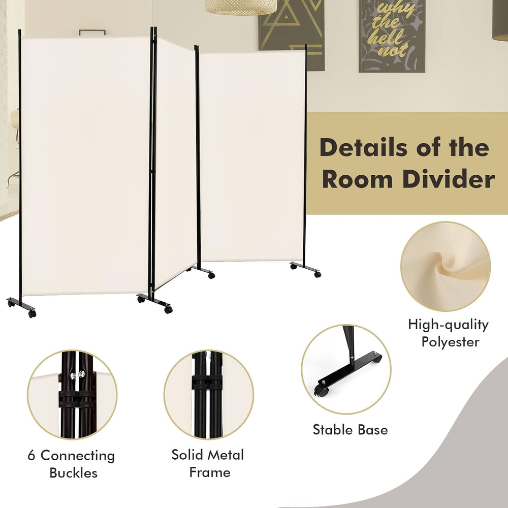 Giantex 3 Panel Folding Room Divider with Wheels, 103" x 71", Beige