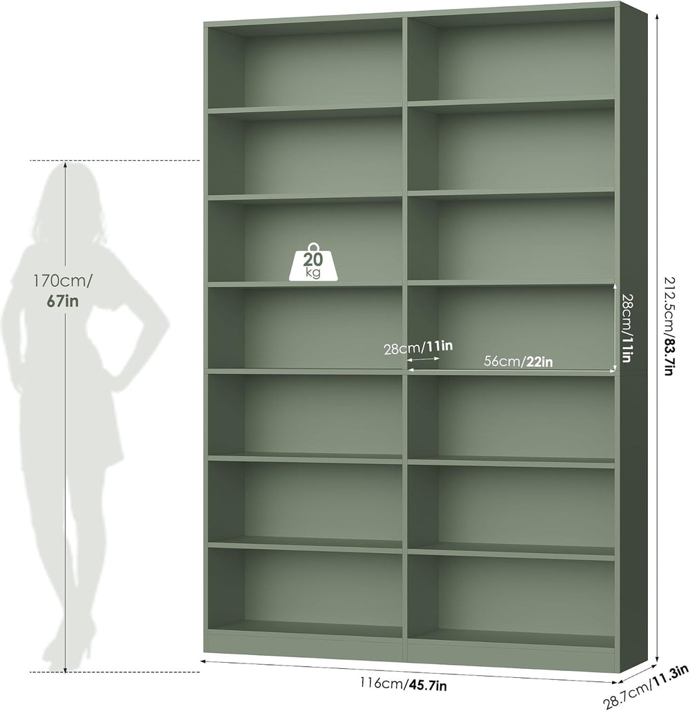 FACBOTALL 83.7" Tall Bookshelf and Bookcase,7-Tier Double Bookshelves Green