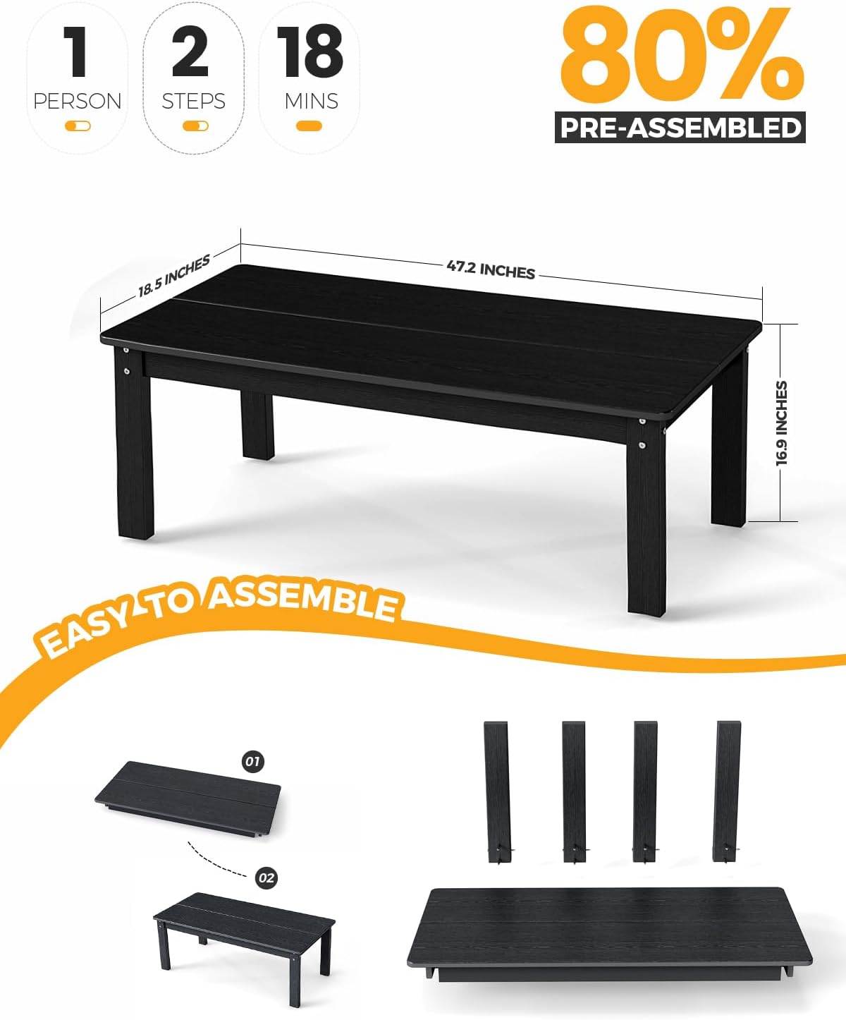 nevilywood Adirondack Coffee Table, All-Weather HDPE,Black | 47.2" x 22.7" x 17",220lbs,304 stainless steel hardware,Ideal for patios, decks, poolsides,Easy to Assemble,Low Maintenance