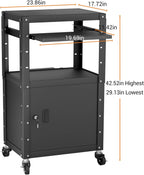Mobile AV Cart with Cabinet, Rolling Computer Cart Height Adjustable Rolling Media Utility Cart with Extra Storage Space, 4 Outlets, Pullout Keyboard Tray Perfect for Home or Office Use
