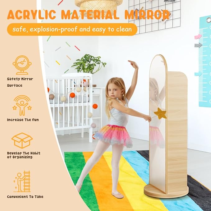 DELEMODUO Kids Rotating Bookshelf with Mirror, 48inch Wood Stading Floor Bookshelf for Small Space, 4 Tier Floor Standing Bookcase Storage Rack for Bedroom, Living Room, Study Room