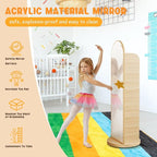 DELEMODUO Kids Rotating Bookshelf with Mirror, 48inch Wood Stading Floor Bookshelf for Small Space, 4 Tier Floor Standing Bookcase Storage Rack for Bedroom, Living Room, Study Room