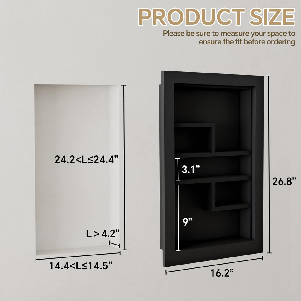 Solid Wood 14 X 24 Recessed Medicine Cabinet,3-Tier, Medicine Cabinet Organizer,Wall Niche, Bathroom Wall Cabinet, Recessed Bathroom Cabinet, Bathroom Cabinet with Storage Black