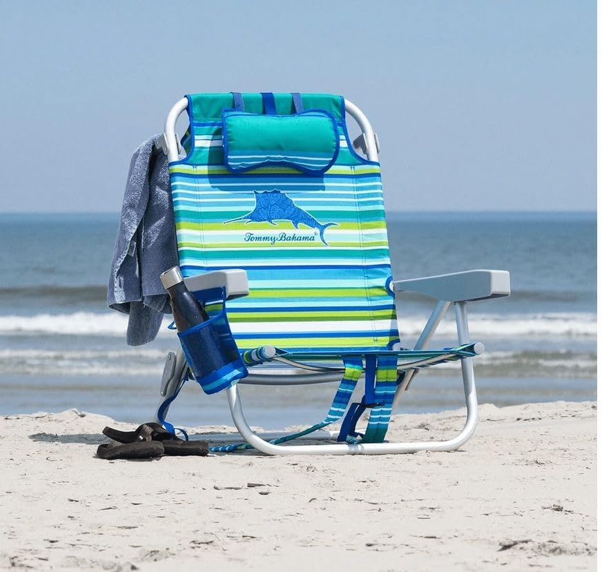 Tommy Bahama 5 Position Beach Chair, Zippered Insulated Cargo Pouch, Cup and Cell Phone Holders, Towel Bar, Pillow for Extra Comfort, Heavy-Duty Weight Capacity, 2-Pack (Aqua Stripes)
