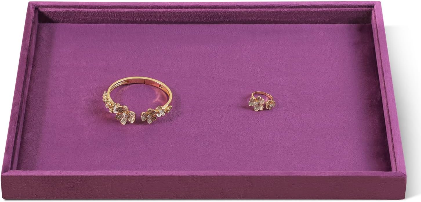 Velvet Stackable Jewelry Display Flat Tray For Ring Earring Necklace Bracelet, Bangle Pendant Storage Blank Plate, Shop Countertop Jewelry Dish Organizer (Purple)