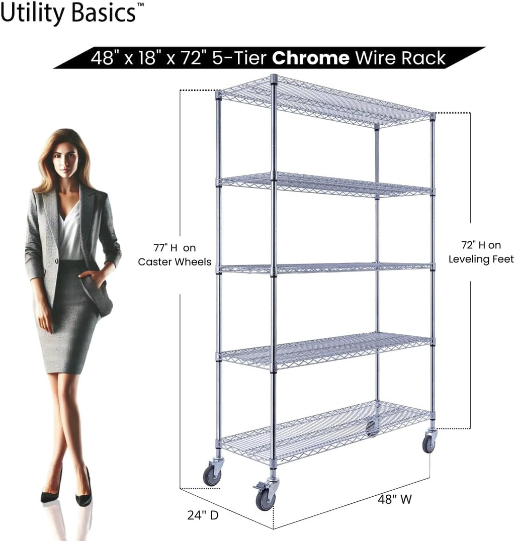 NSF Commercial 5-Tier Wire Shelving with Wheels, 48"x18"x72" Heavy Duty Metal Shelves 4000 lbs Max Capacity, Chrome Storage Rack for Garage Kitchen Pantry Warehouse
