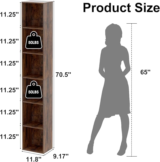 Tall Narrow Bookshelf 6-Tier Bookcase,70.5" Skinny Thin Corner Shelf Slim Storage Cabinet,Wood DVD CD Media Cube Organizer Tower Rack for Small Spaces, Bedroom, Living Room, Office,Brown