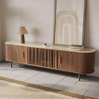 POVISON Fully-Assembled Sliding Tambour Door TV Stand, Mid Century Modern Sintered Stone TV Console, Wood Media Console for 75 Inch TV, Entertainment Center with Storage Cabinet (Walnut, 78.74")