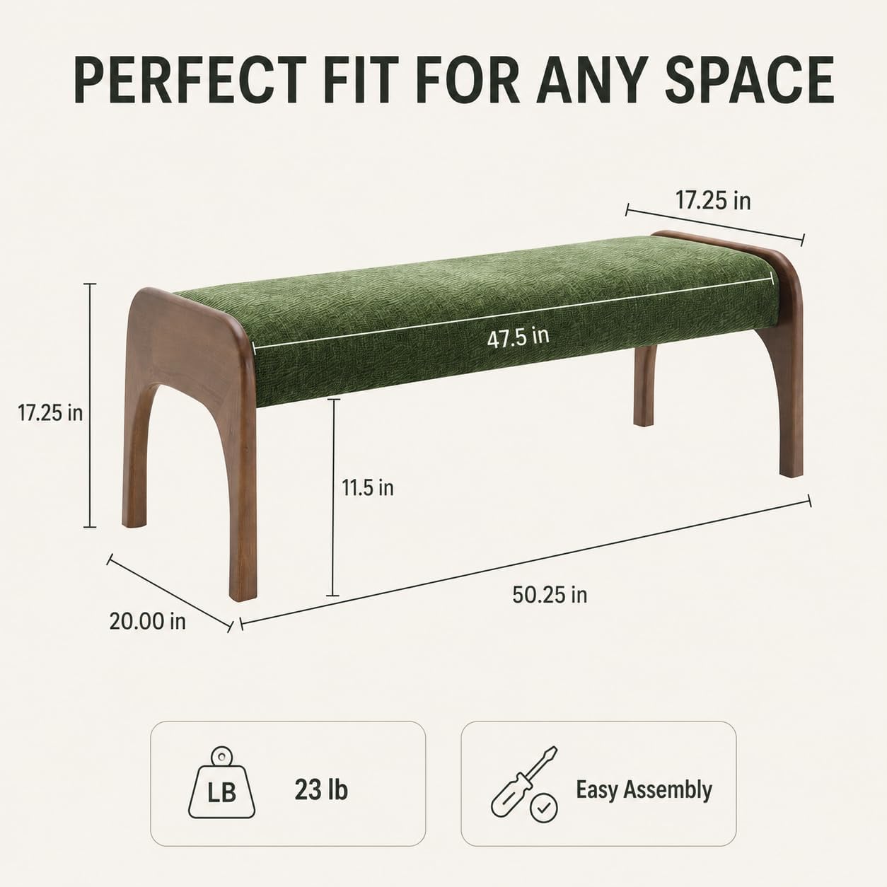 50.25“ Upholstered Bench, Modern Dining Bench with Soft Chenille Fabric, 6" Padded Seat and Rubber Wood Legs, End of Bed Bench for Bedroom, Entryway, Hallway, Living Room (C-Green)