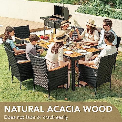 Devoko 9 PCS Acacia Wood Patio Dining Set, Black Rattan