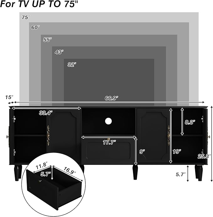 67” Mid-Century Modern TV Stand for 75+ inch TVs, Wood Entertainment Center with Storage Drawer, Long Media Console with Adjustable Shelves, Black TV Cabinet for Living Room, Bedroom