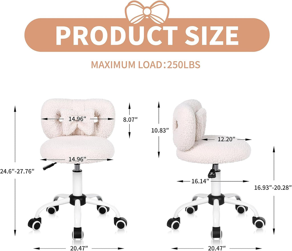 Kids' Desk Chair with Bow Design, Cute Upholstered Swivel Chair with Wheels and Adjustable Height, Small Comfy Armless Chairs for Girls/Children (Cream)