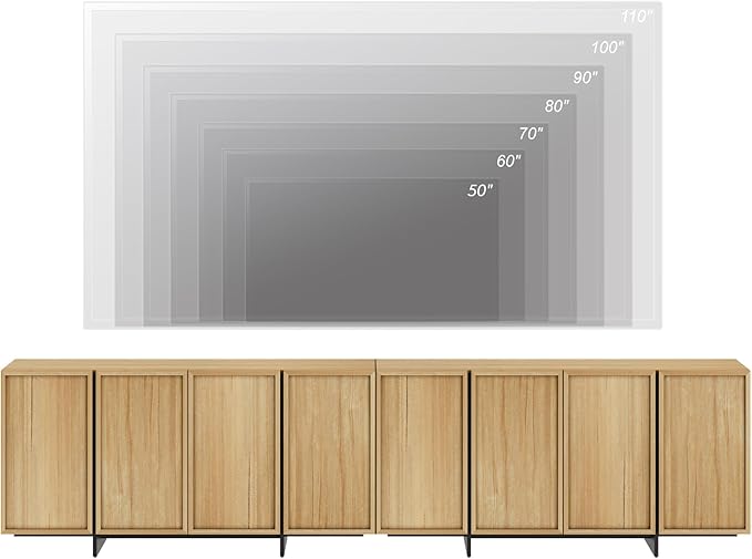 WAMPAT Modern TV Stand for TVs Up to 110", Wooden Entertainment Center TV Console with 8 Door Closed Storage and T-Shaped Wood Legs, Media Console Cabinet for Living Room, Bedroom, Oak