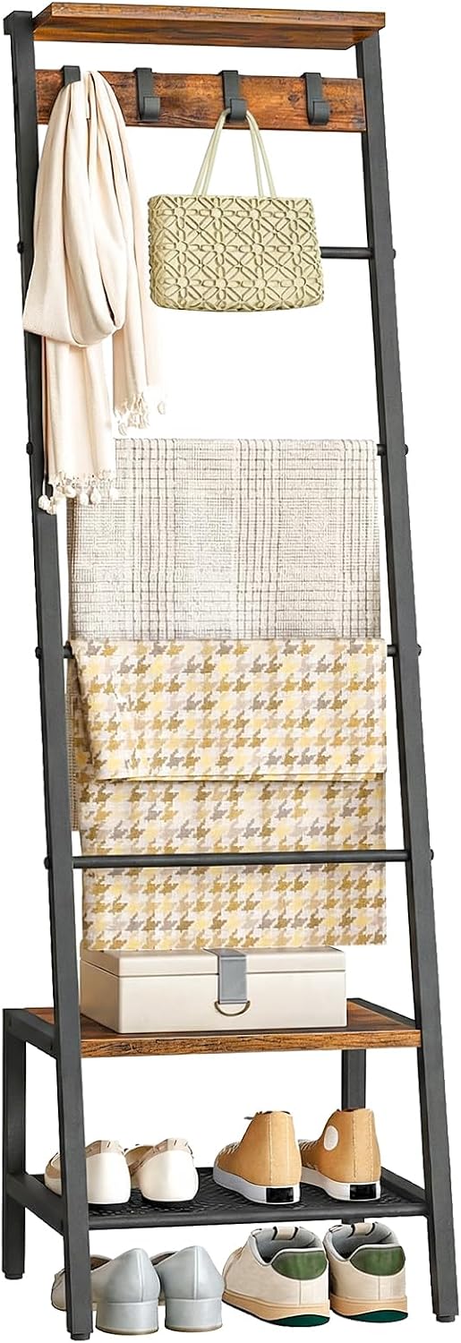 HOOBRO Blanket Ladder Bundle, 63.4" H Decorative Ladder Shelf with Hooks, Towel Rack with 1 Fabric Drawer, BF13CJ01-BF92CJ01