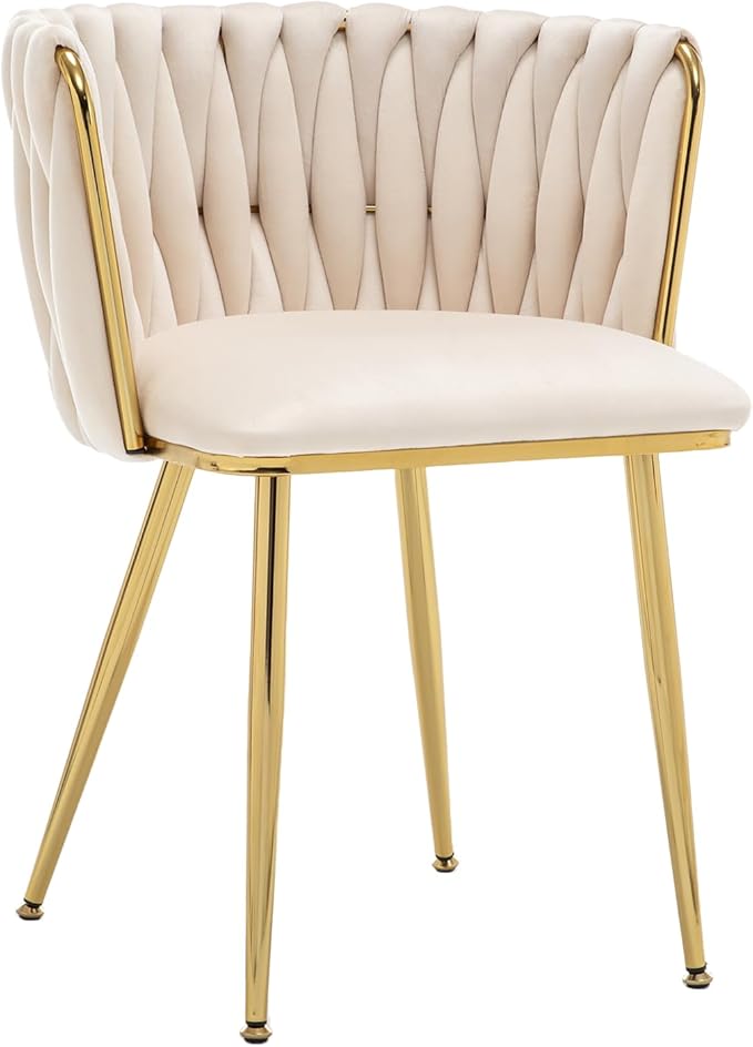 Kiztir Velvet Dining Chairs Set of 6 Upholstered Modern Dining Room Chairs with Woven Back and Gold Metal Legs for Living Room, Bedroom, Kitchen (Beige)
