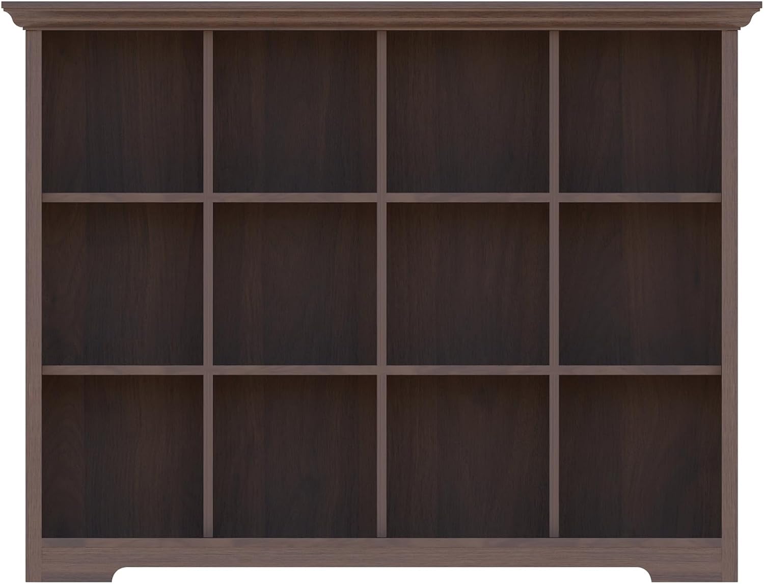 Cube Shelf Bookcase with Base - Wooden 3 Tiers Floor Standing Low Storage Cabinet for Home and Office, 12-Cube Lattice Bookshelf, Walnut