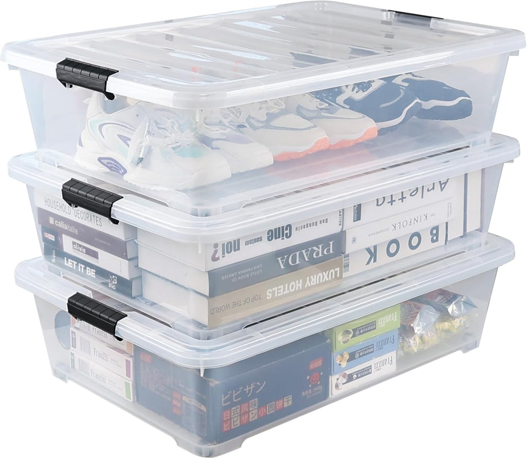 50 L Large Plastic Under Bed Storage Containers, Clear Plastic Underbed Storage Bins with Wheels, 3-Pack
