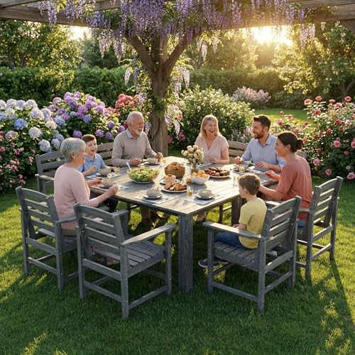Dining Table Set, 10-Piece HDPE Outdoor Dining Set for 8, Gray
