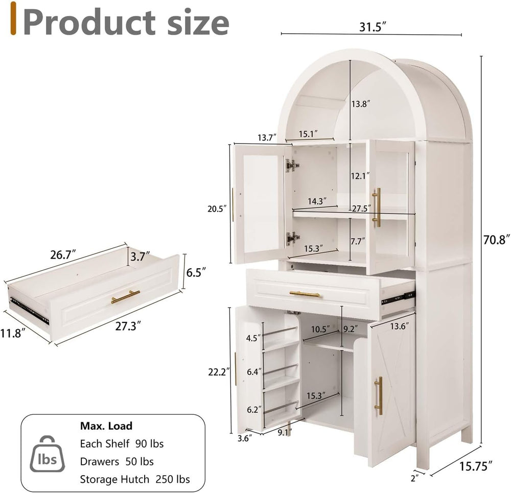 71" Arched Farmhouse Pantry Cabinet with Glass Barn Door, Versatile Cupb...