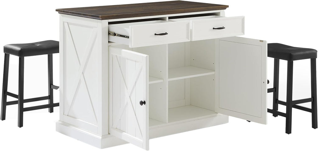 Crosley Furniture Clifton Kitchen Storage Island, Microwave Stand, Coffee Bar and Set of 2 Upholstered Saddle Stools, Distressed White/Black